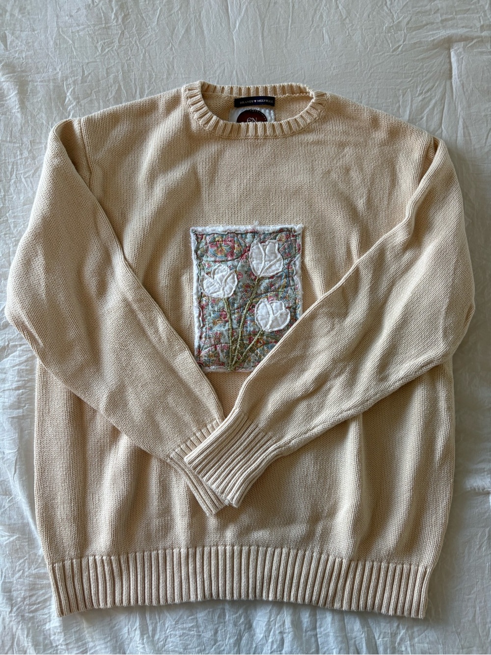 Brandy Melville Cream Floral Appliqué Knit Sweater Reworked